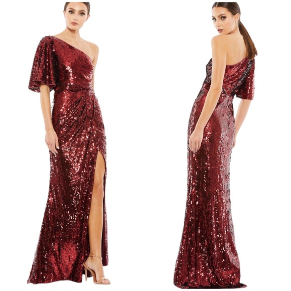 Mac Duggal Dresses & Skirts - Mac Duggal NWT One Shoulder Bell Sleeve Sequin Gown Burgundy Size 4 Metallic